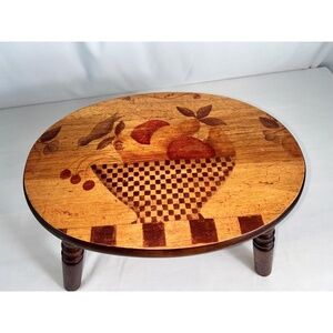 VTG Wood Stool Decorative MultiColor Fruit Basket Oval Top Four‎ Leg Folk Art